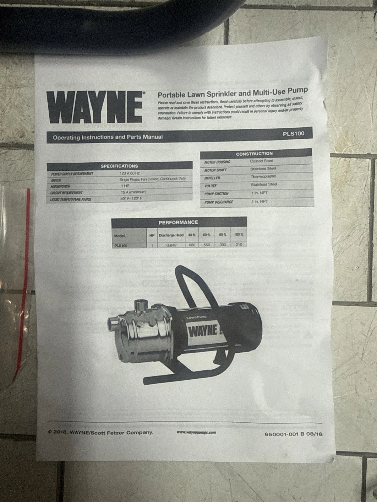 WAYNE PLS100 1 HP Portable Stainless Steel Lawn Irrigation Sprinkler Pump NOB