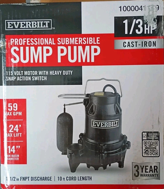 ON SALE Everbilt 1/3 HP Cast Iron Submersible Sump Pump- USED !!