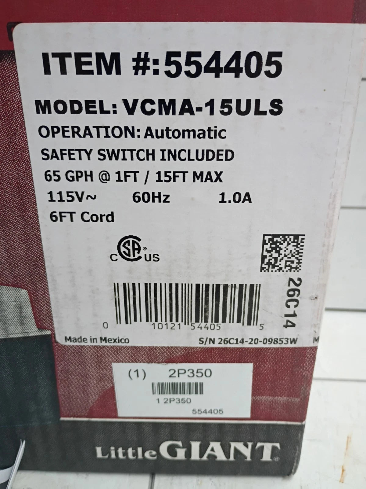 Brand New Little Giant VCMA-15ULS HP 115-Volt Condensate Pump w/Safety Switch OB