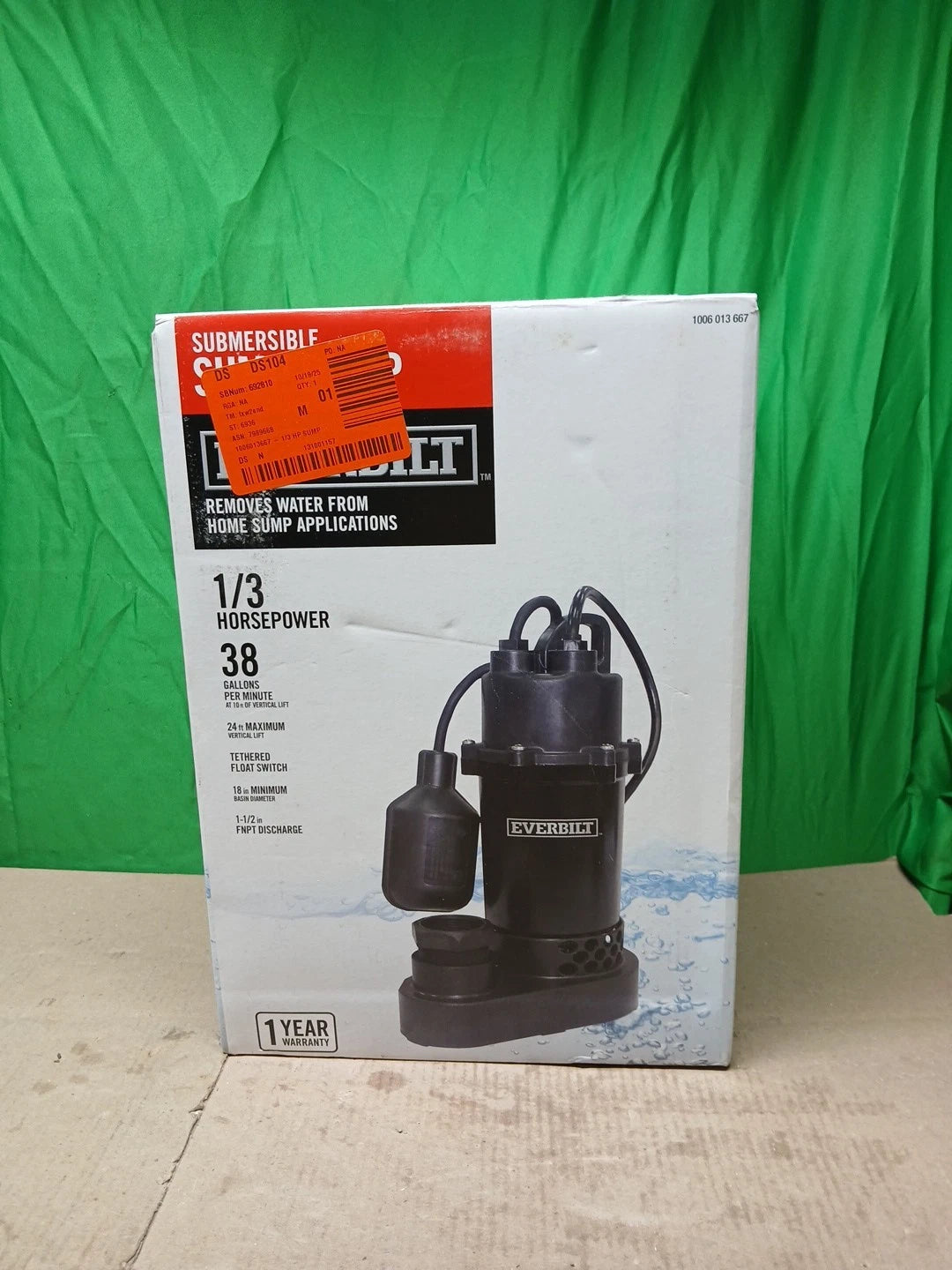 Everbilt 1/3 HP Corrosion Resistant Aluminum Sump Pump w/ Tether Switch Used.