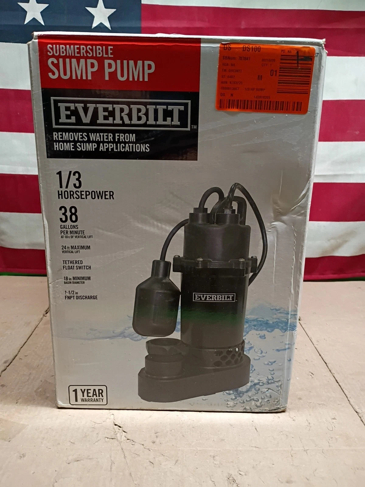 Everbilt 1/3 HP Corrosion Resistant Aluminum Sump Pump w/ Tether Switch Used.