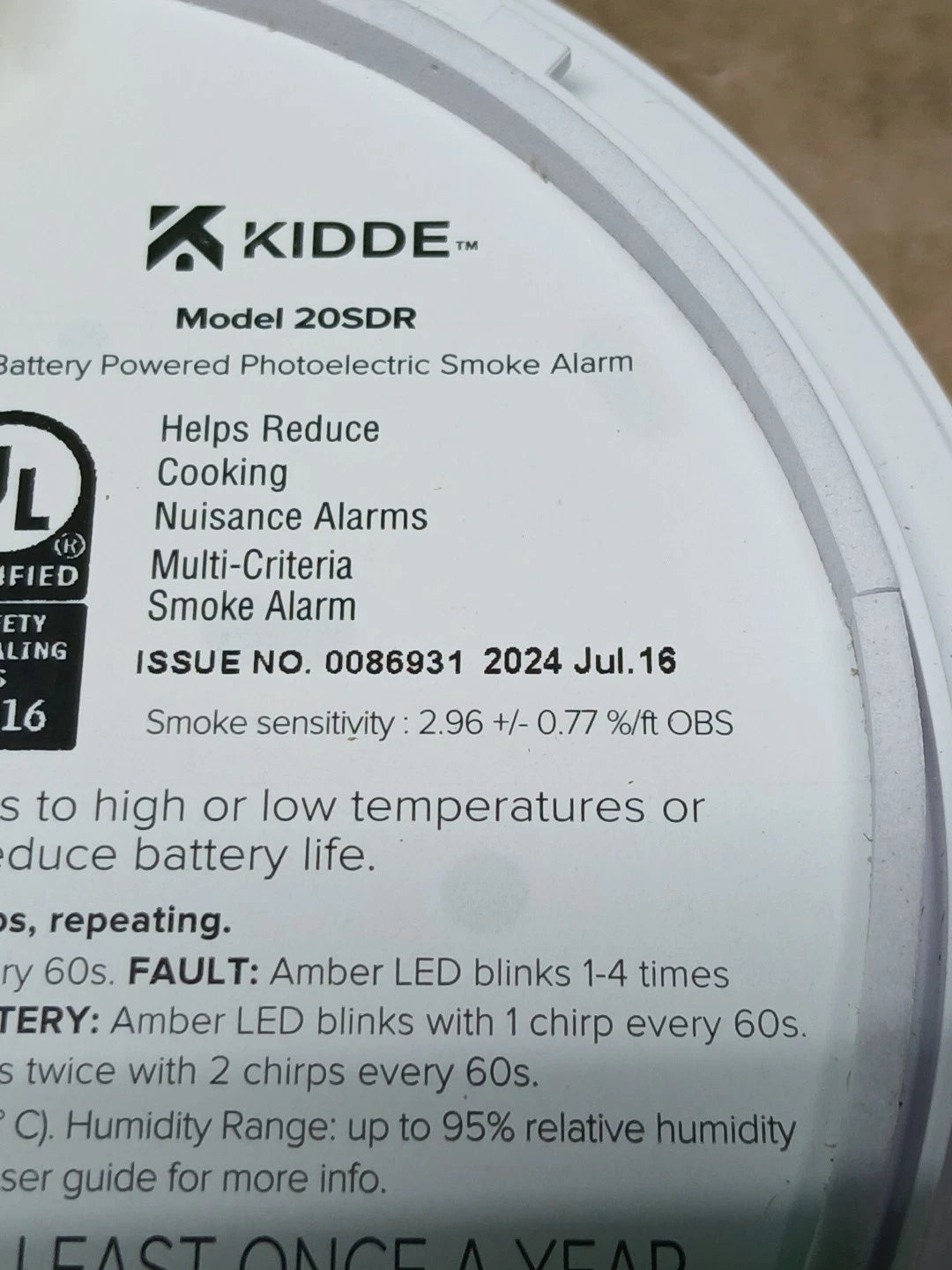 KIDDE 20SDR Photoelectric Smoke Alarm AA Battery Powered LED Warning