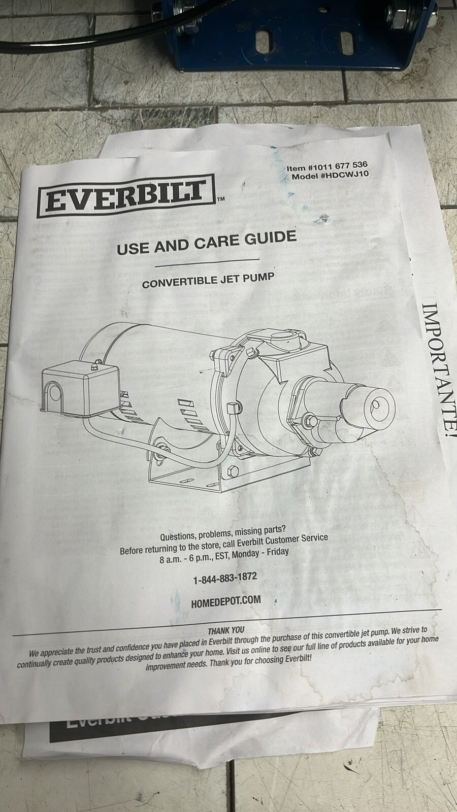 Everbilt HDCWJ10, 1 HP Professional Convertible Jet Pump PARTS ONLY