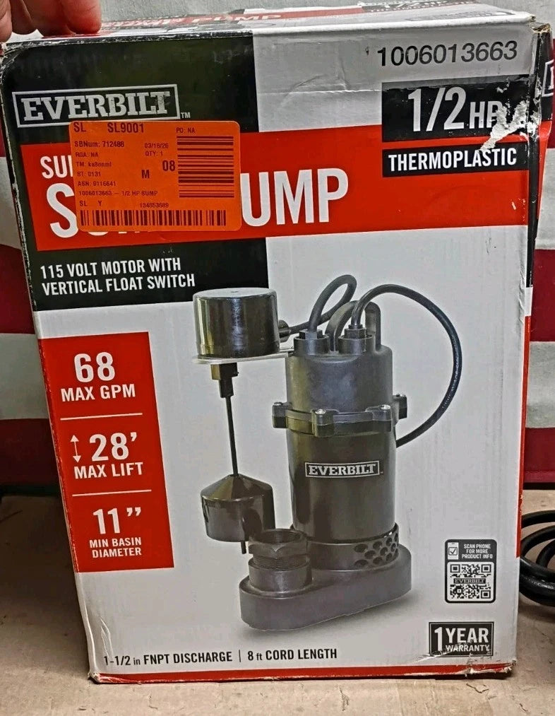 Everbilt HDPS50W 1/2 HP Submersible Aluminum Sump Pump with Vertical Switch, OB,