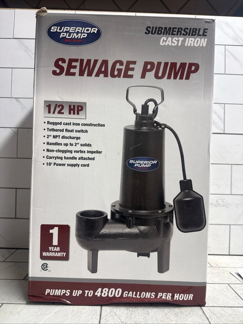 Superior Pump 93501 1/2HP Submersible Sewer Ejector Pump Cast Iron