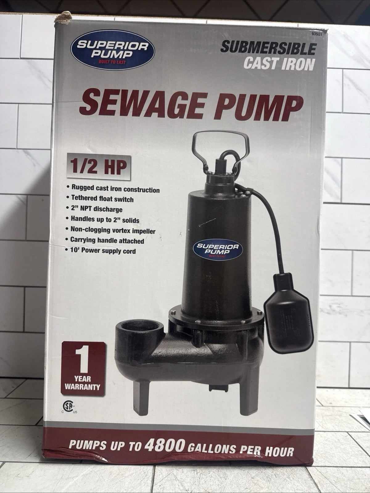 Superior Pump 93501 1/2HP Submersible Sewer Ejector Pump Cast Iron