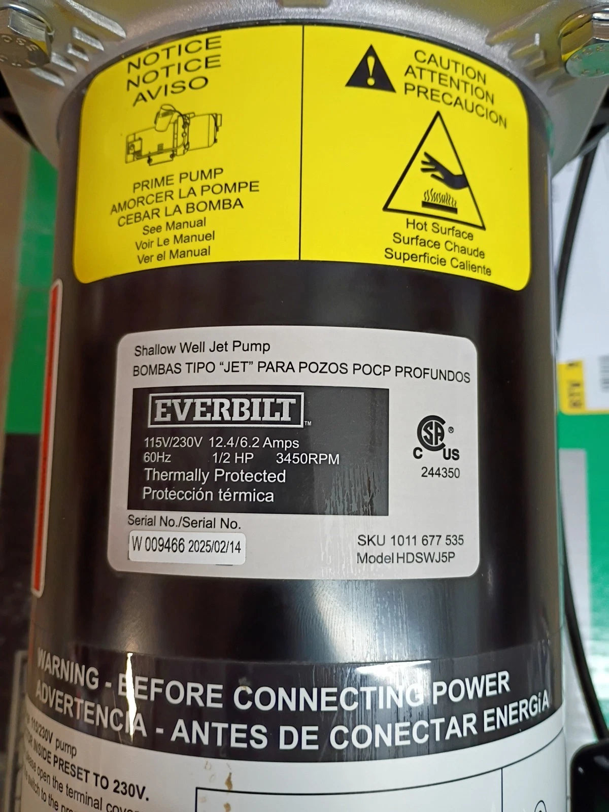 Everbilt HDSWH5P 1/2 HP Plastic Shallow Well Jet Pump New Open Box