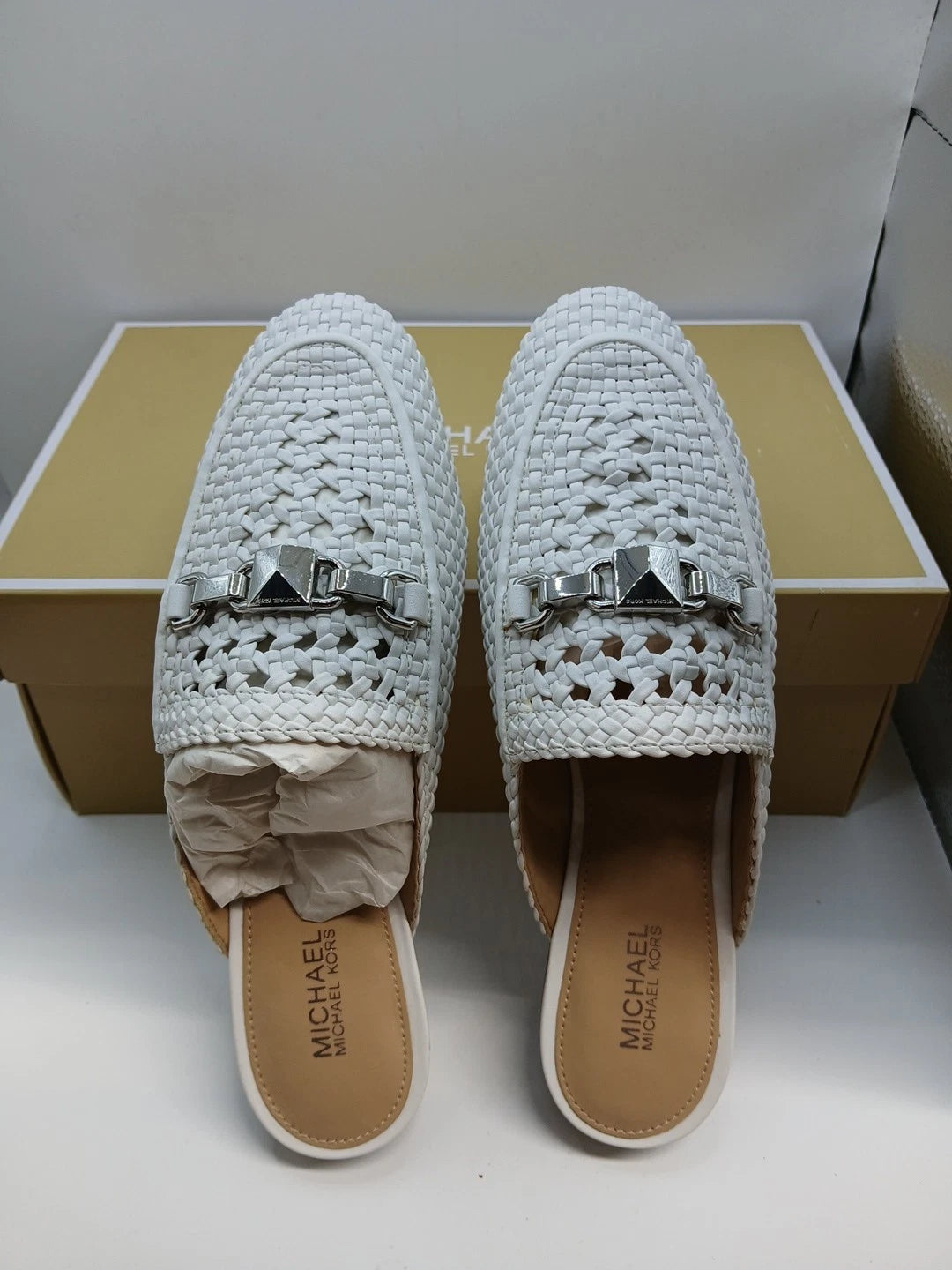 Michael Kors Charlton Woven Mule Slides Optic White Leather Loafer Size 5M