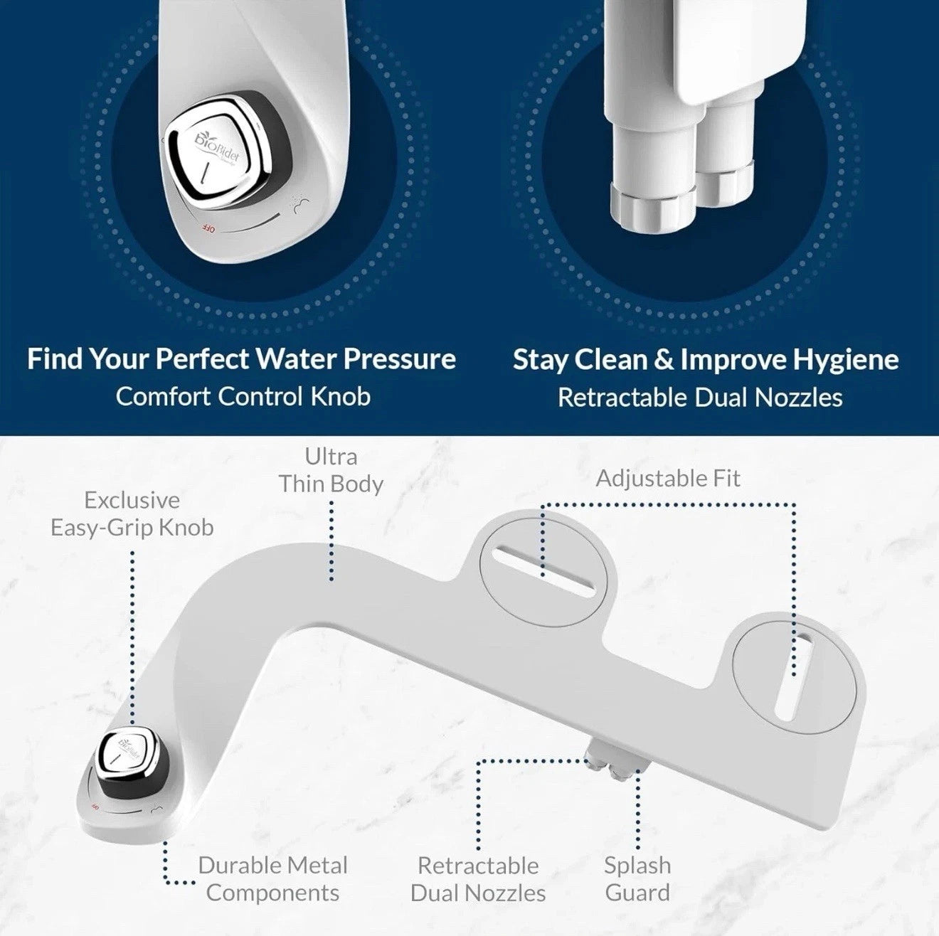 BioBidet SlimEdge Bidet Attachment for Toilet, Non Electric Self Cleaning White