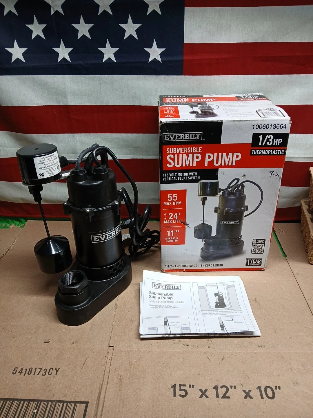 Everbilt 1/3 HP Aluminum Sump Pump Submersible Vertical Switch- HDSP33V, NEW