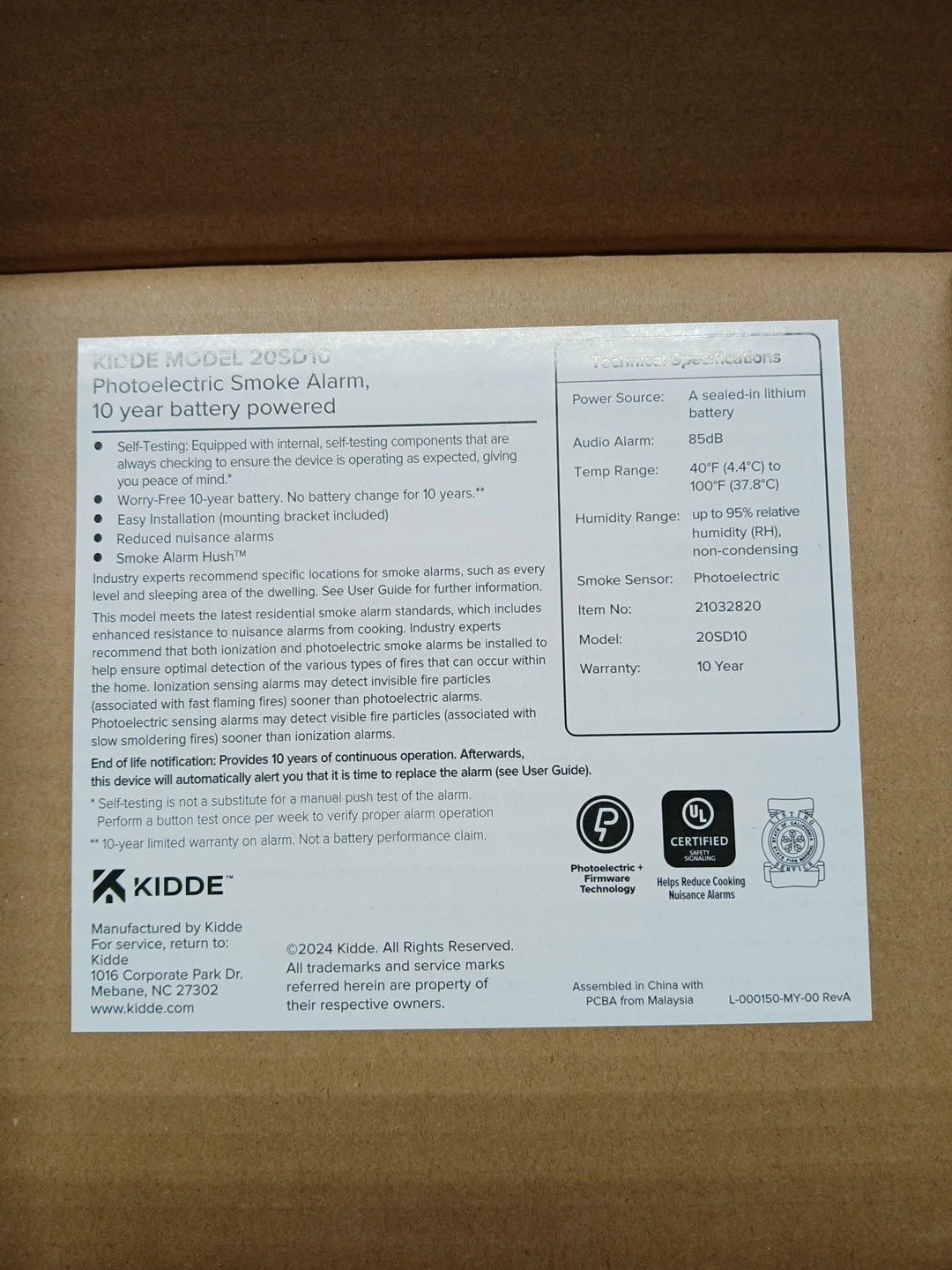 Kidde Smoke Detector 10 Year Battery Powered LED Warning Light Indicators 20SD10
