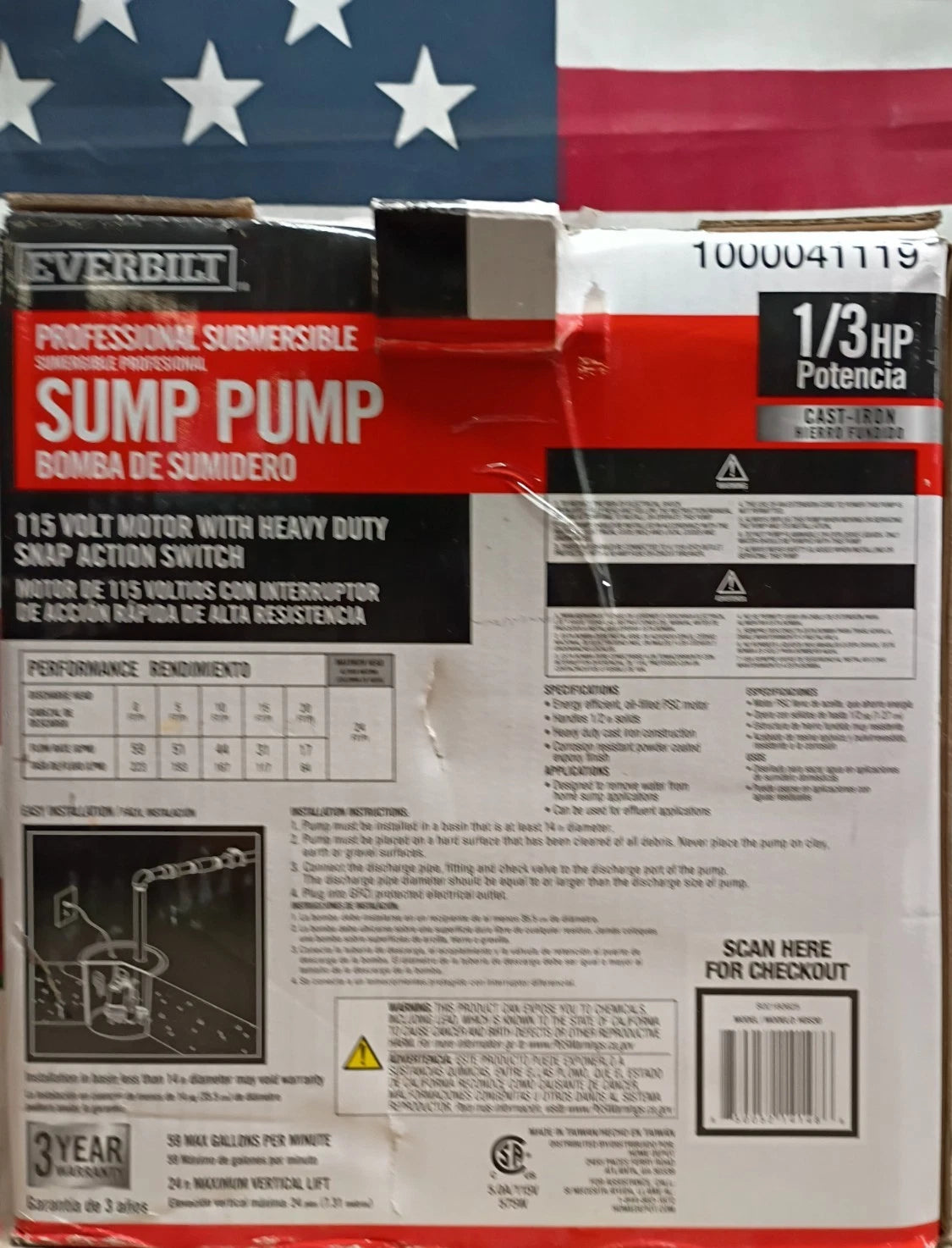 Everbilt 1/3 HP Cast Iron Submersible Sump Pump HDS30 Open Box