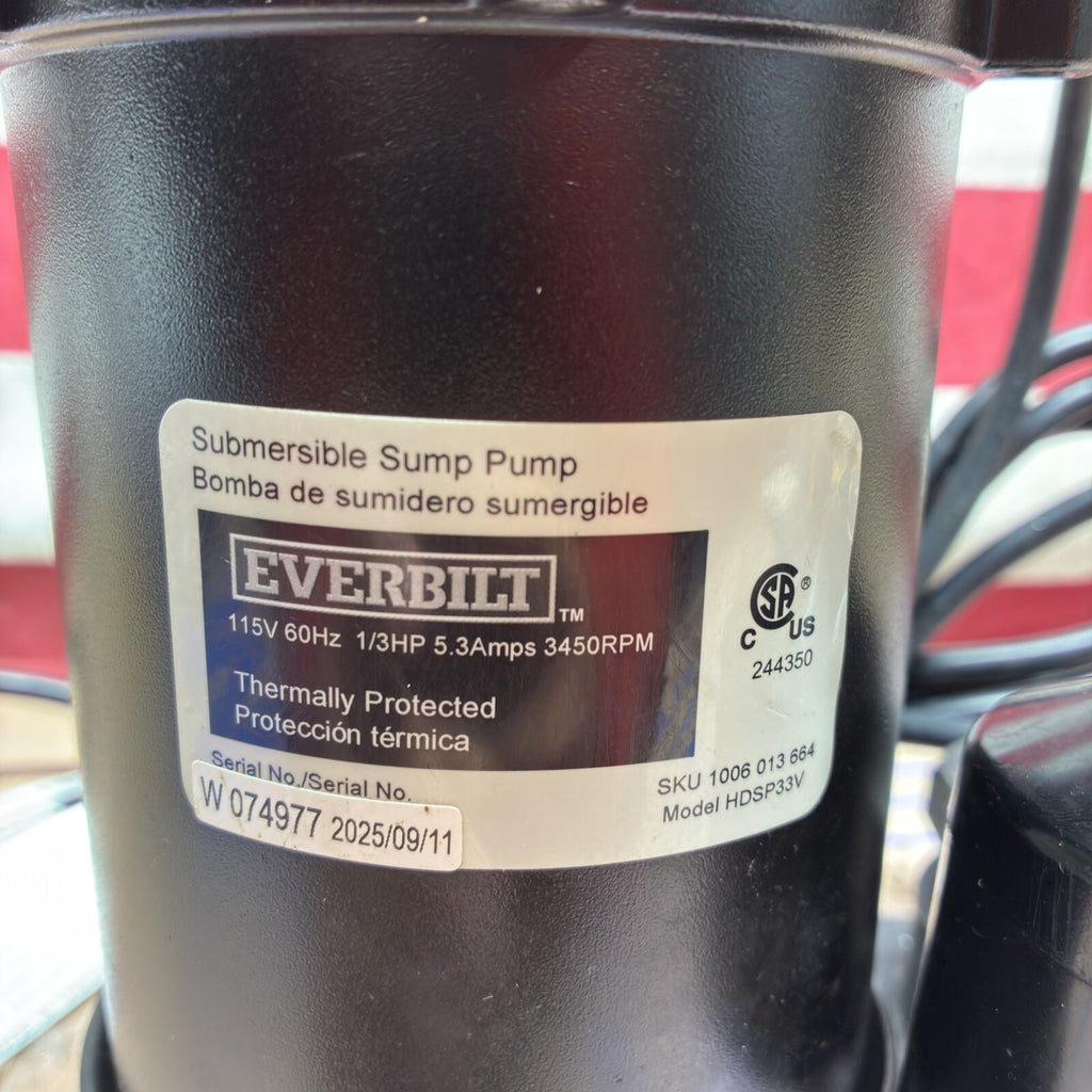 Everbilt HDSP33V 1/3 HP Aluminum Sump Pump Submersible Vertical Switch used