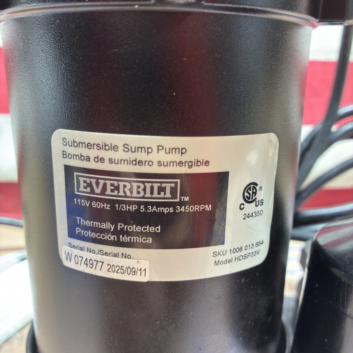 Everbilt HDSP33V 1/3 HP Aluminum Sump Pump Submersible Vertical Switch used