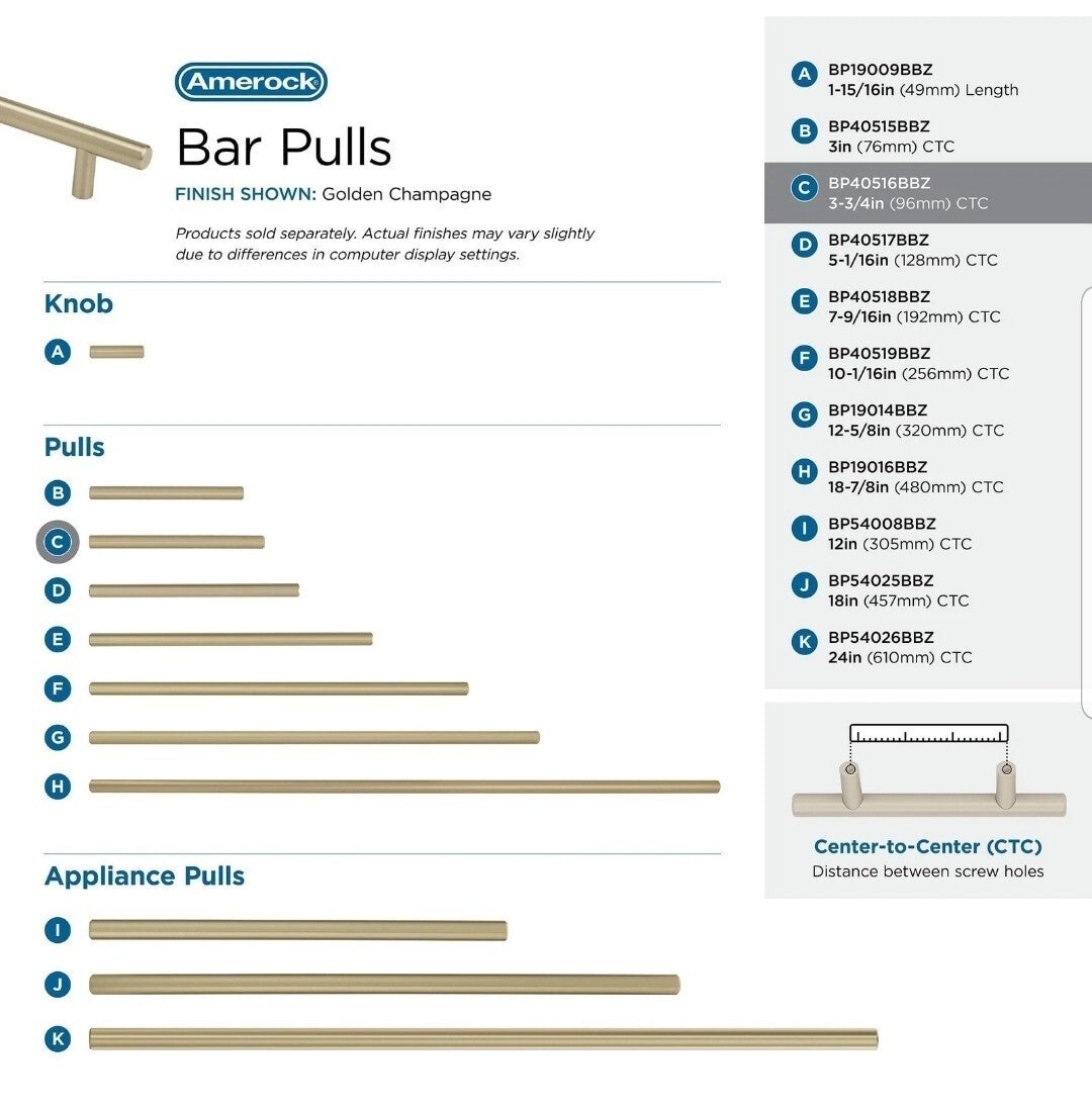 10-pk Amerock Bar Pulls 3-3/4 in 96 mm Center-to-Center Golden Champagne Cabinet