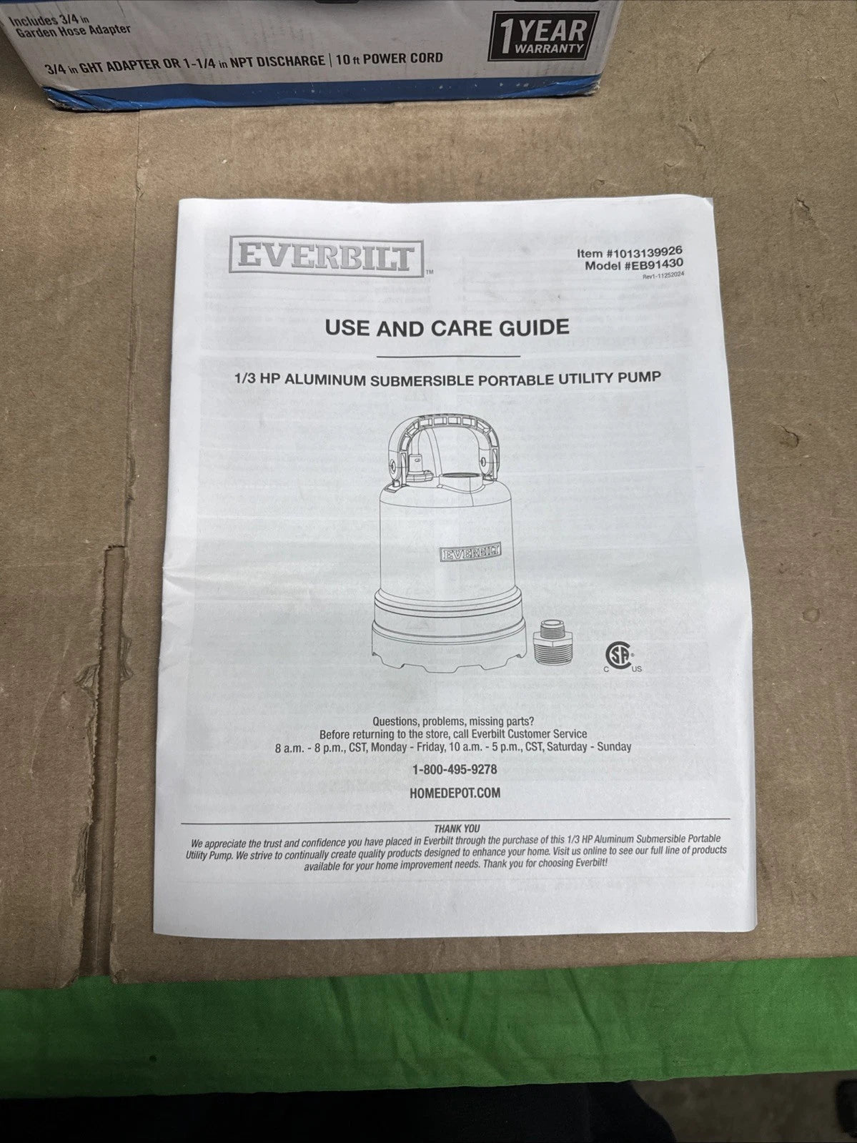 Everbilt 1/3 HP Submersible Aluminum Utility Pump.