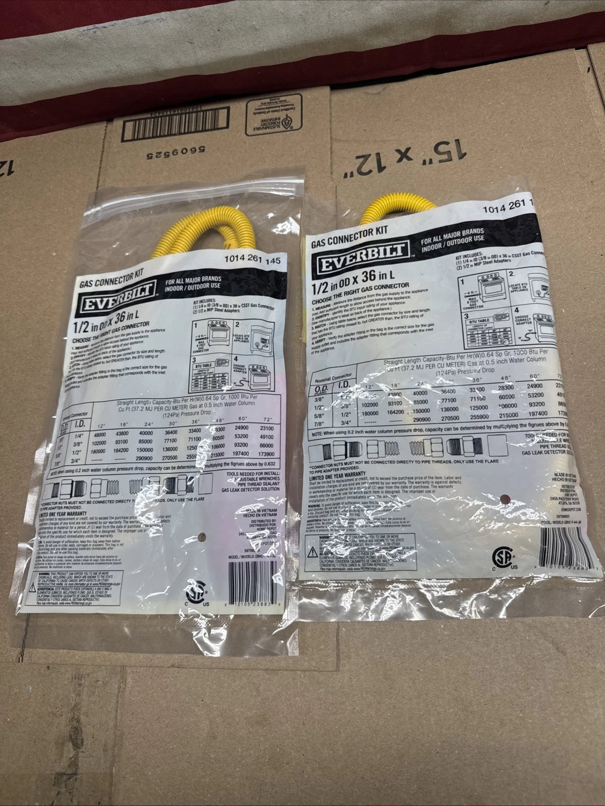 2PK EverbiltEBHC-Y-44-36, 36” Gas Connector Kit 1/2” MIP 3/8” OD 33,400 BTU, OB,
