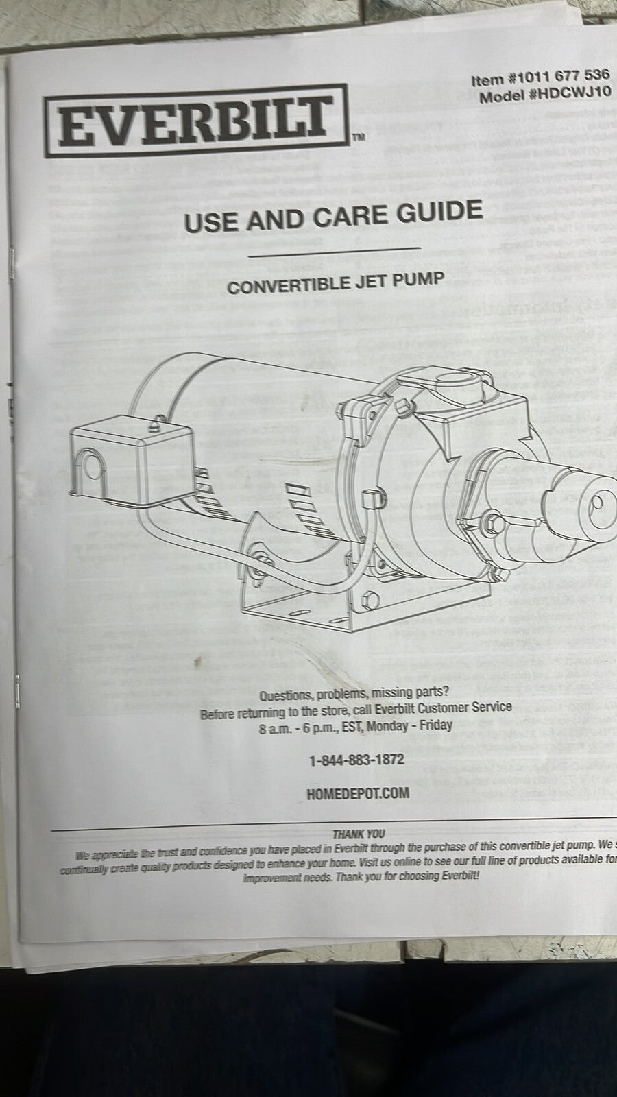 Everbilt HDCWJ10, 1 HP Professional Convertible Jet Pump PARTS ONLY