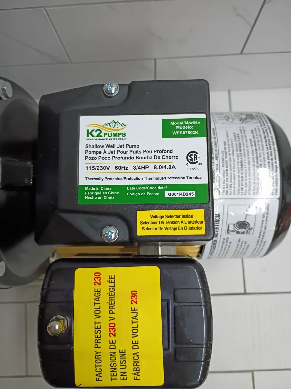 K2 Pumps WPS07503K Shallow Well Jet Pump 3/4 Hp Lead Free Thermoplastic NOB