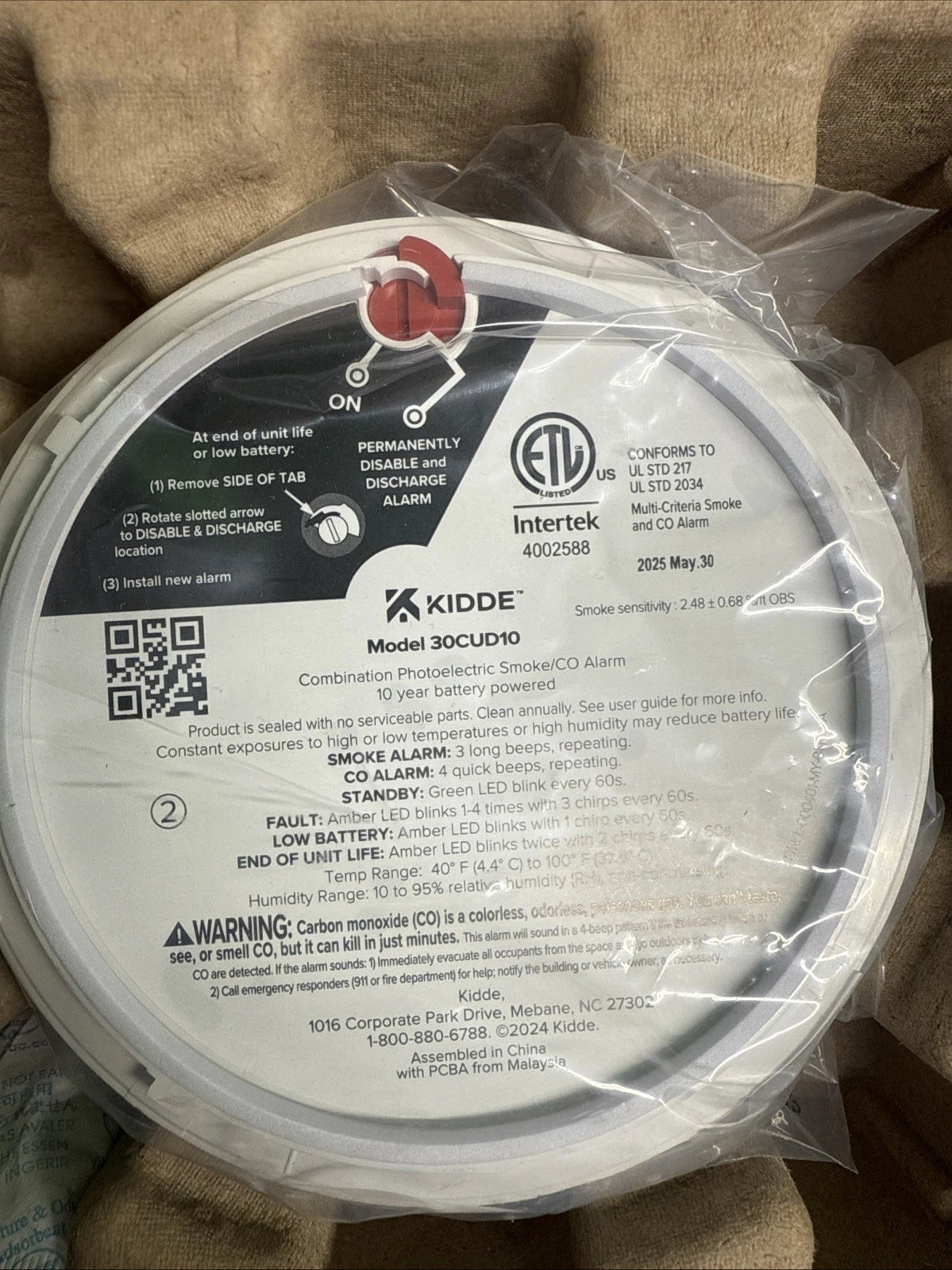 Kidde Smoke & CO Detector, 10-Year Battery, LED Warning Indicators 30CUD10. 2025