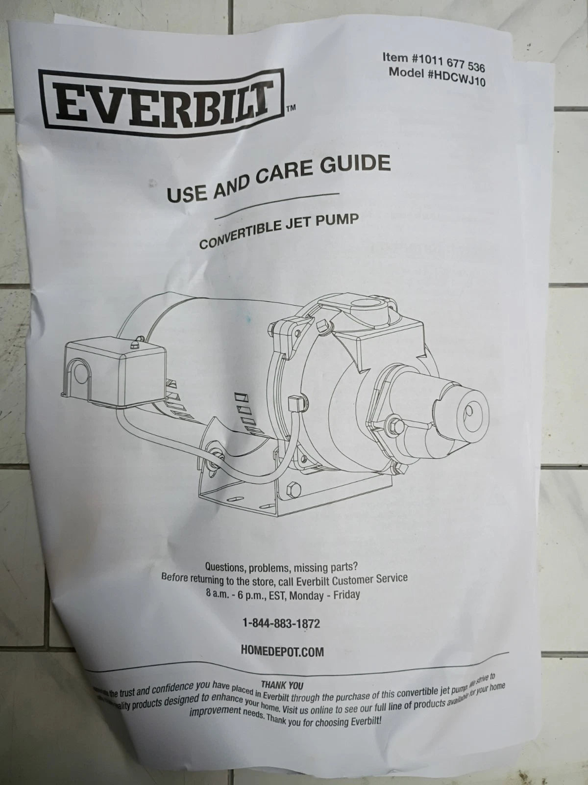 Everbilt 1 HP Professional Convertible Jet Pump. Read Description For Parts