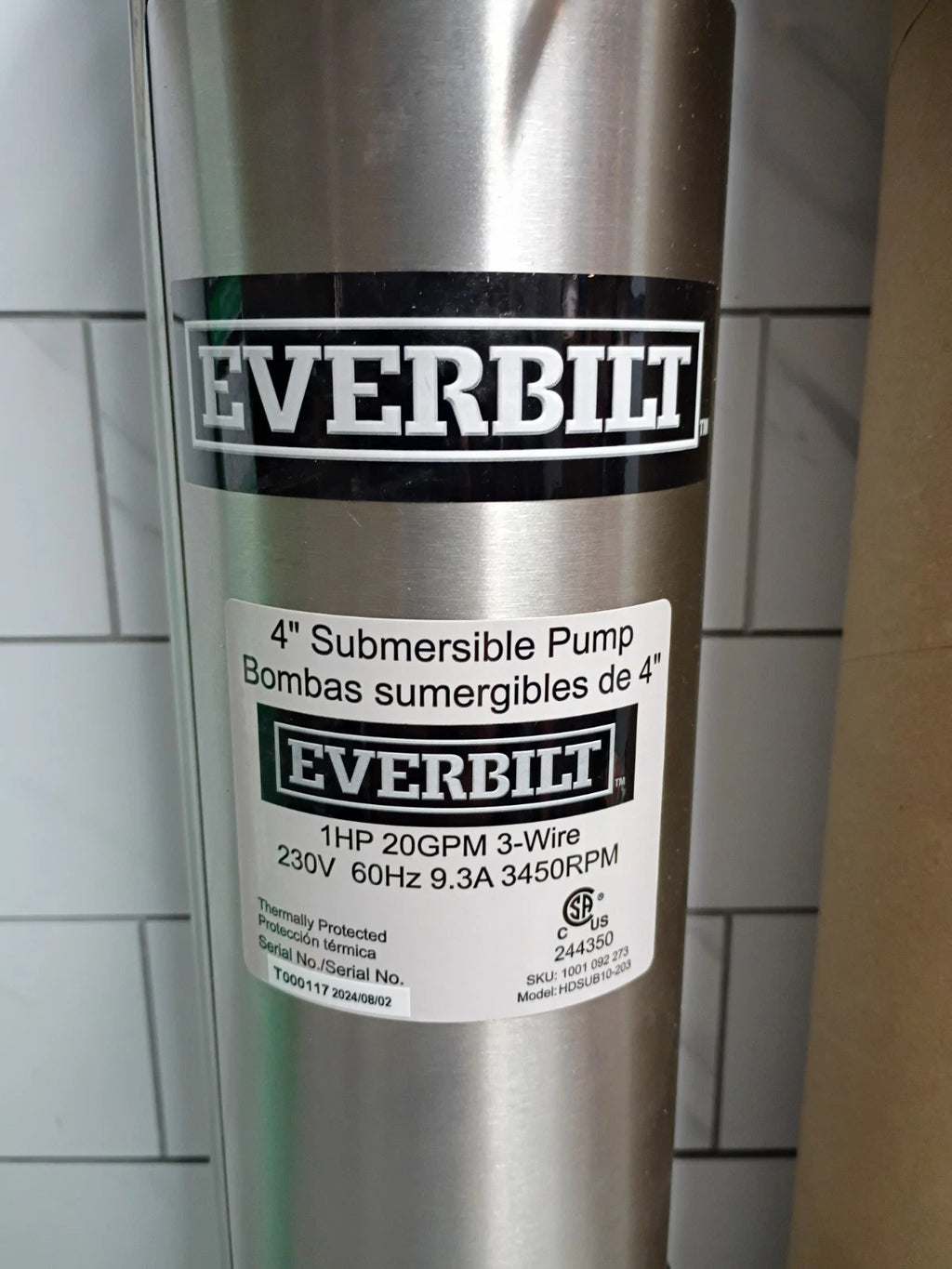 Everbilt 1HP Submersible 3-Wire 20GPM Deep Well Pump HDSUB10-203 NEW OPEN BOX