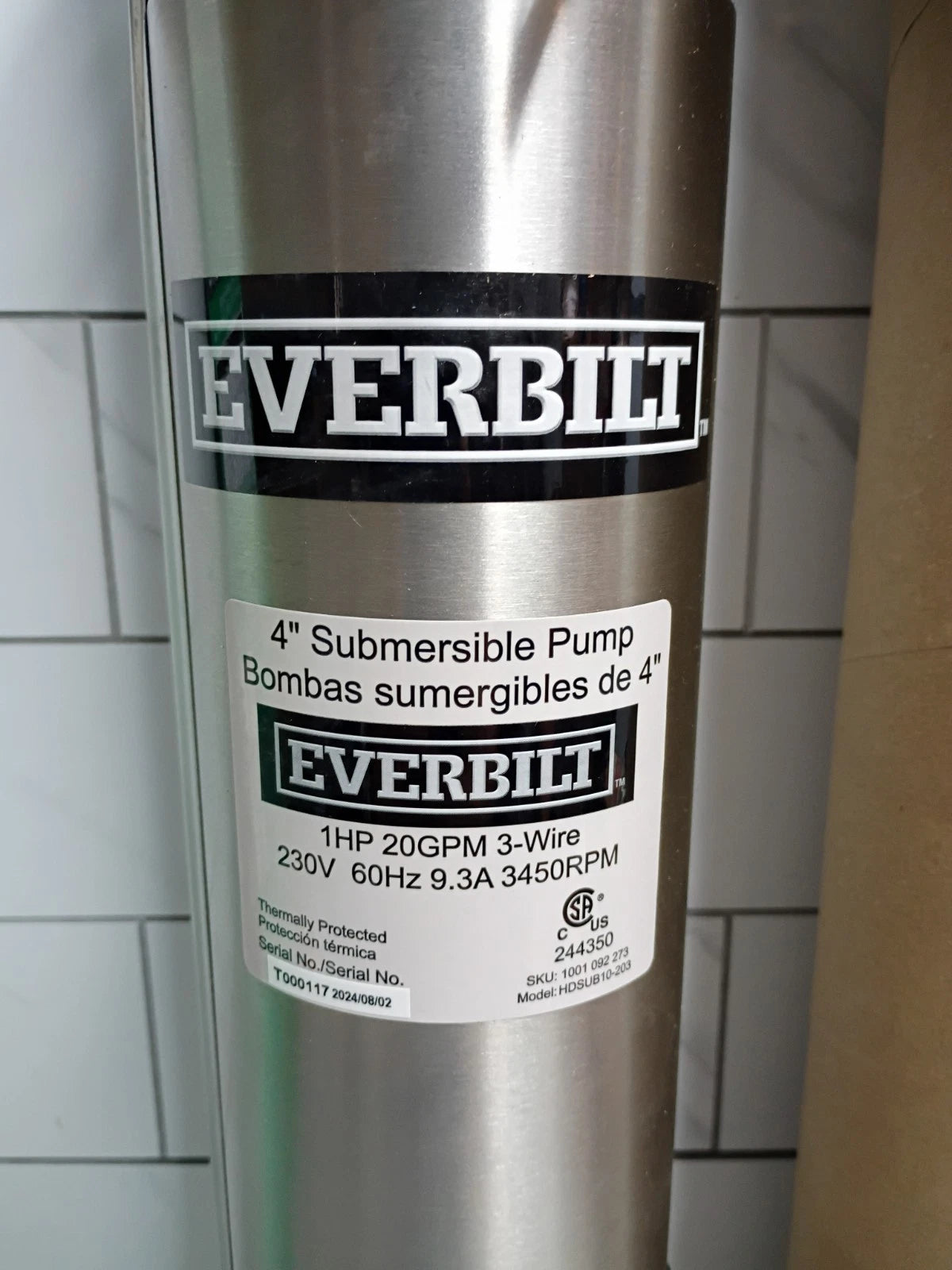 Everbilt 1HP Submersible 3-Wire 20GPM Deep Well Pump HDSUB10-203 NEW OPEN BOX