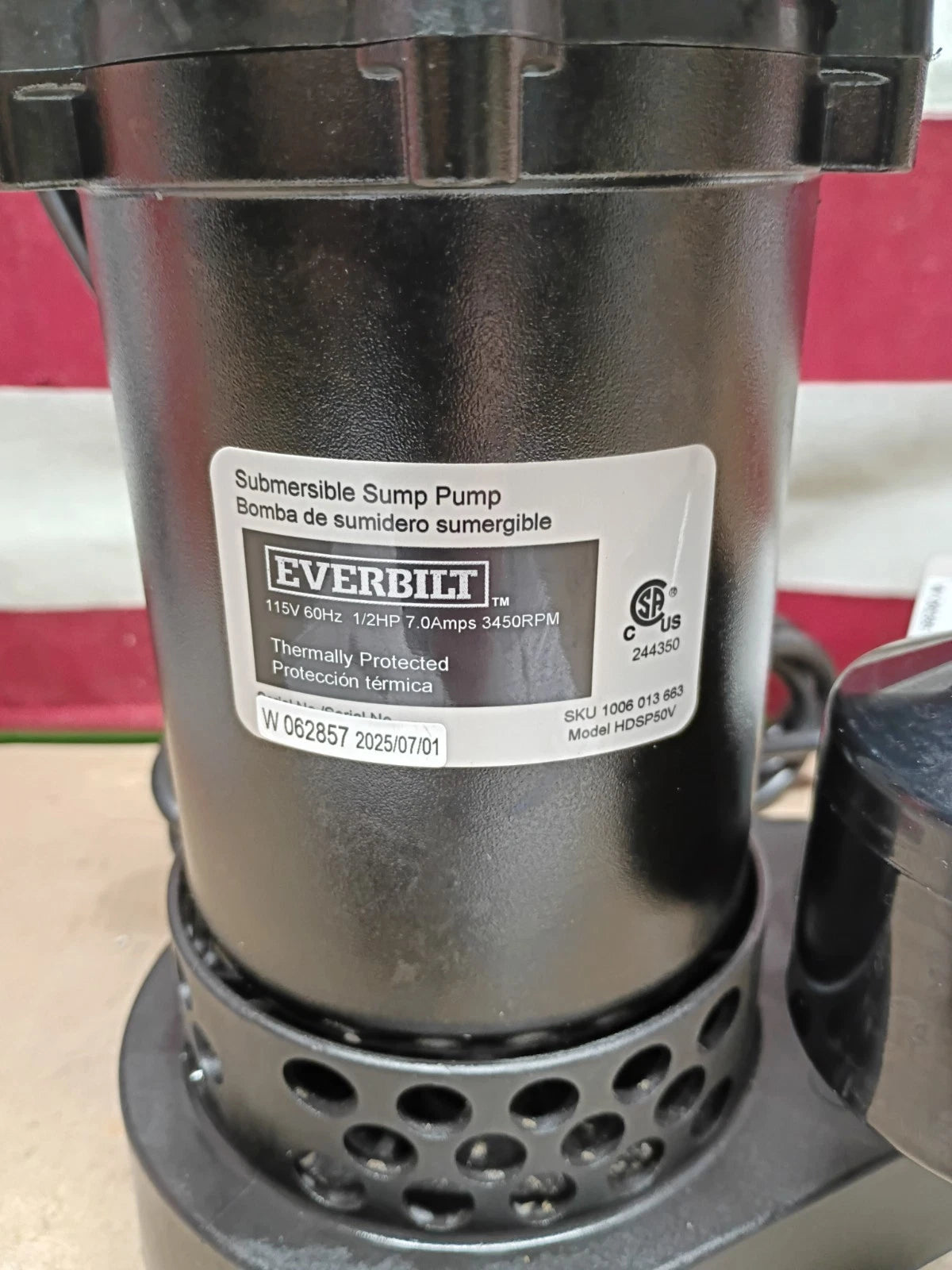 Everbilt HDPS50W 1/2 HP Submersible Aluminum Sump Pump with Vertical Switch, OB,