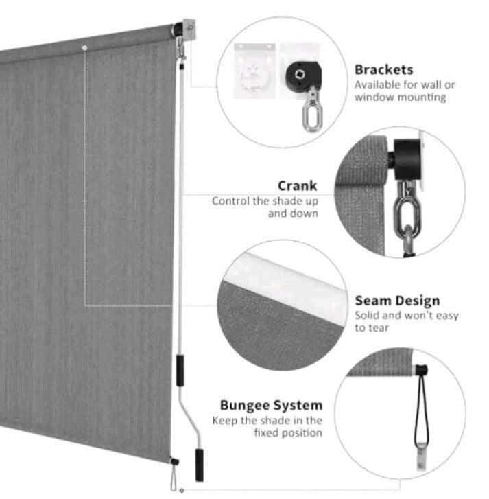 Outdoor Sunshade Roller Shade 5'W x 8'H (60" Wx96 H), 60"W x 96"H Dark Grey. OB