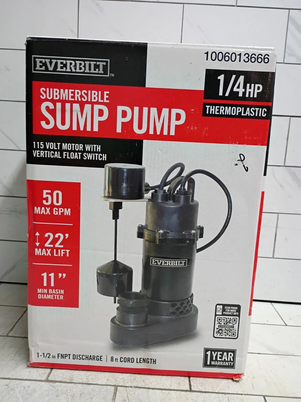 Everbilt HDSP25V 1/4 HP Aluminum Submersible Sump Pump Vertical Float Switch