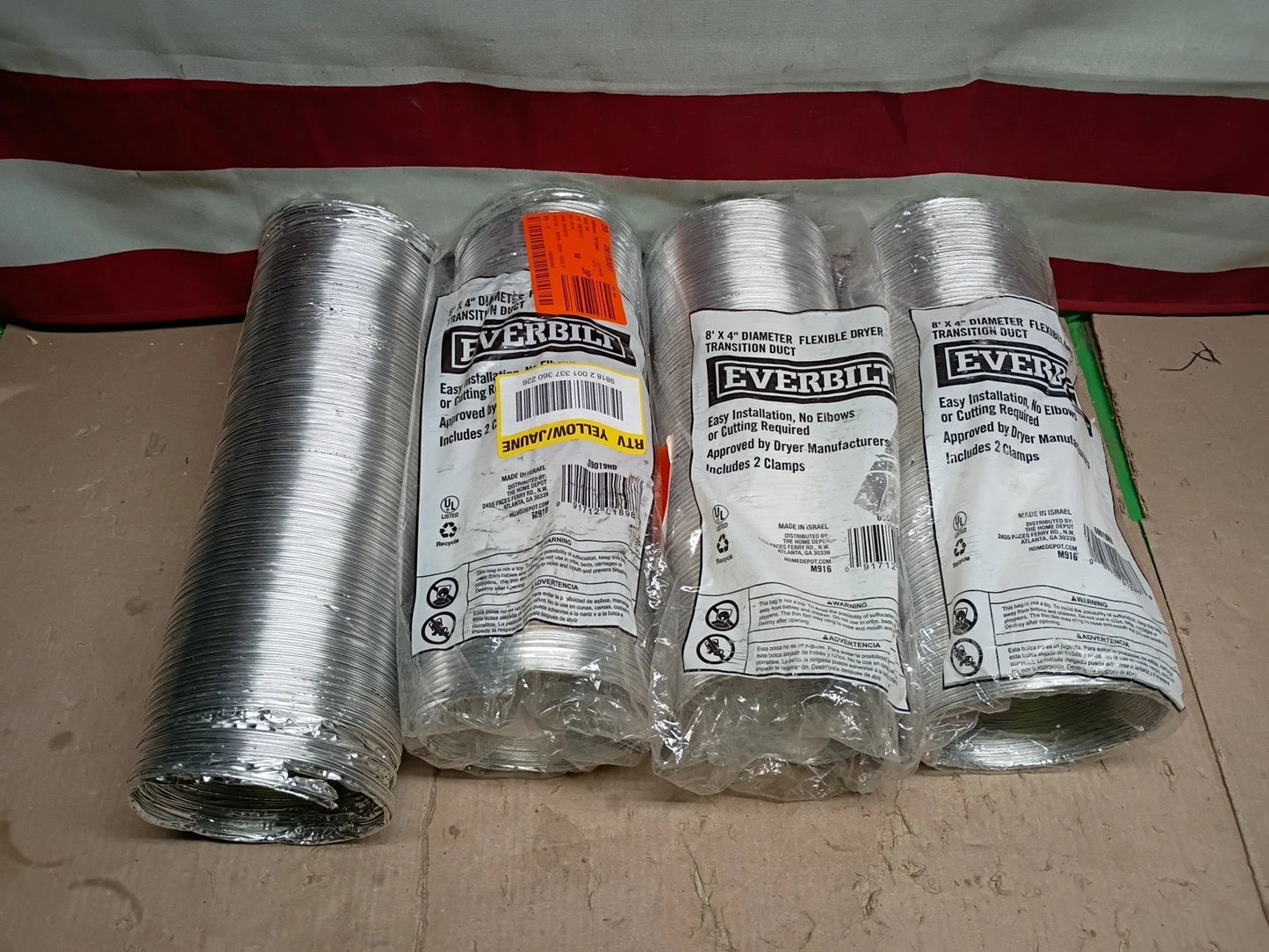 4pk Everbilt 8’ X 4” Diameter Flexible Dryer Transition Duct - Includes 2 Clamps