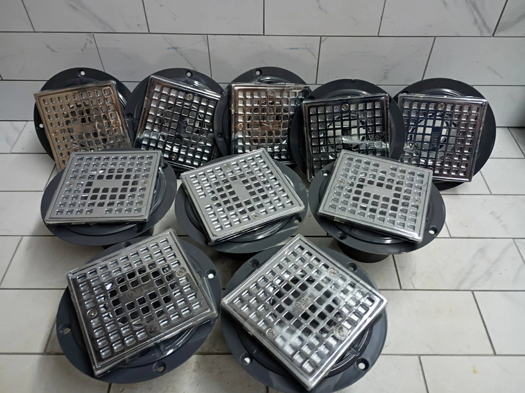 10PK Oatey Round PVC Shower Drain w/ 4-3/16" Square Screw-In Chrome Drain Cover