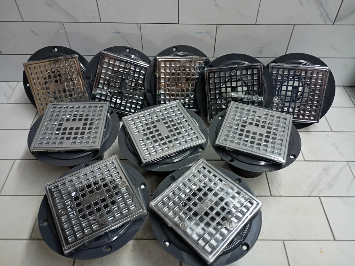 10PK Oatey Round PVC Shower Drain w/ 4-3/16" Square Screw-In Chrome Drain Cover