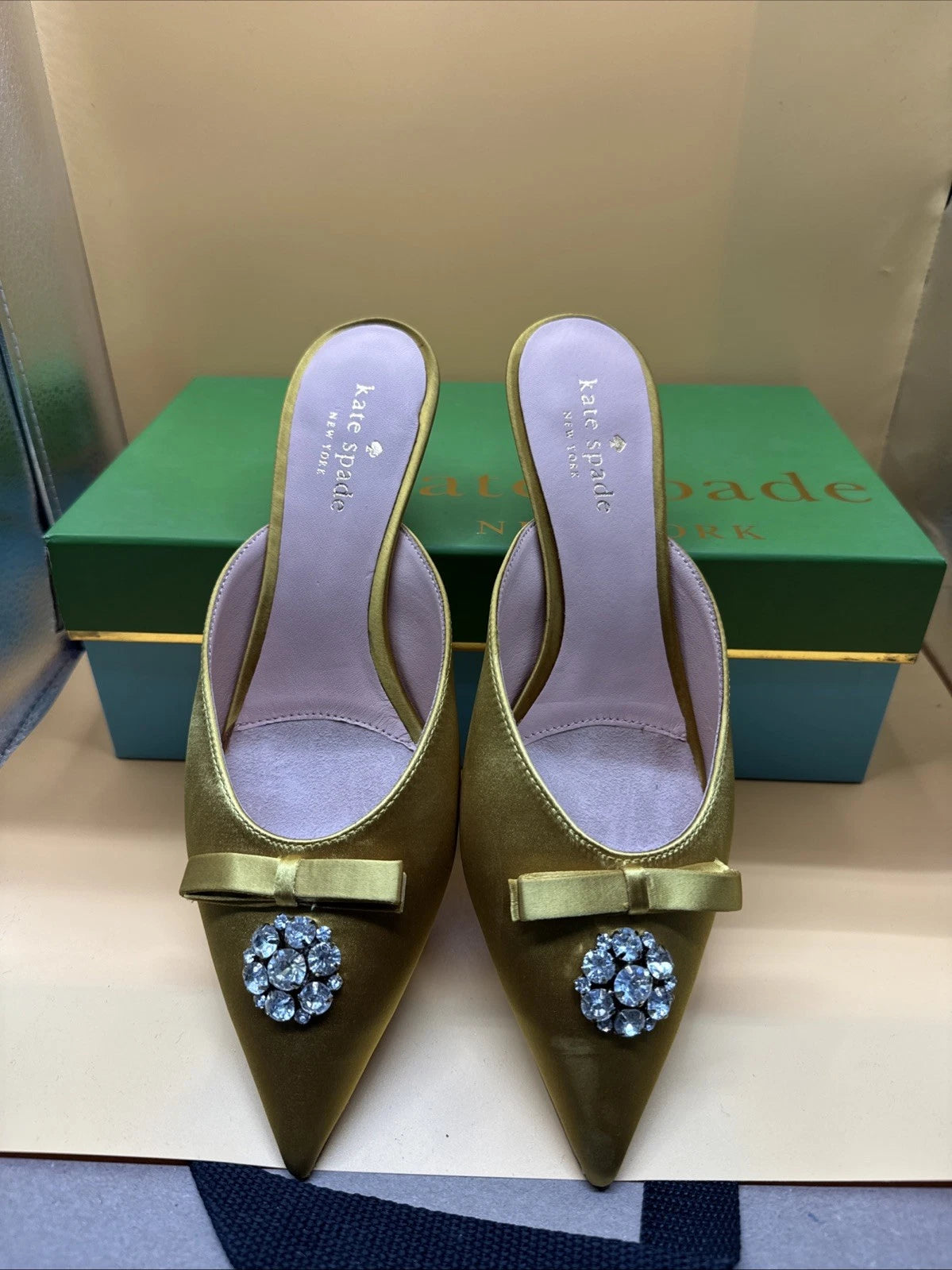 Kate Spade Darlene Mules Wmn 6.5M Roasted Maize Yellow Satin New Brooch Bow READ