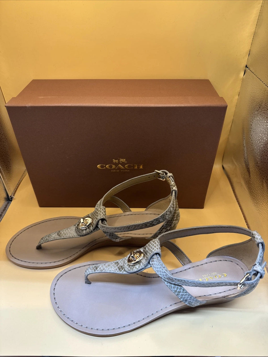Coach New York Ingrid Natural Snake Print Sandals Size 7M Women's New With Box!