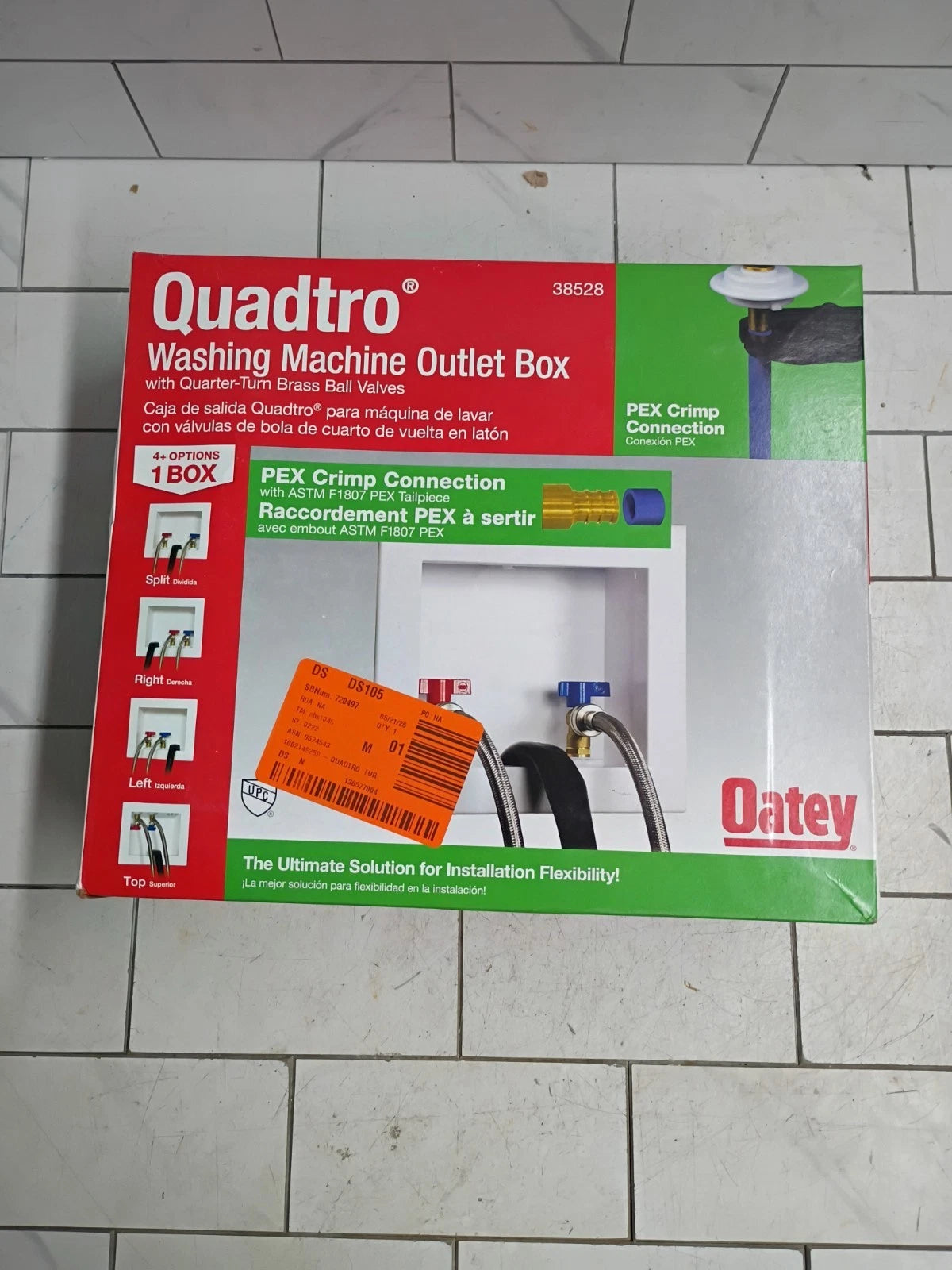 Oatey Quadtro Washing Machine Outlet Box pex crimp 1/4" Turn x 2" Hub 38528-OB.