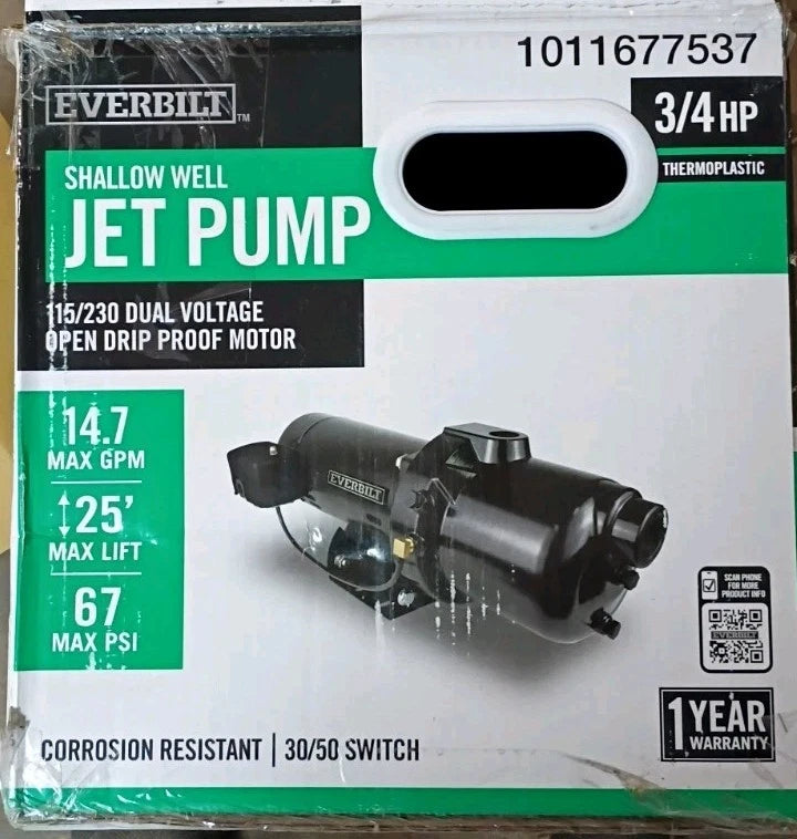 Everbilt Shallow Well Jet Pump Plastic 3/4HP HDSWJ7P NEW Open Box