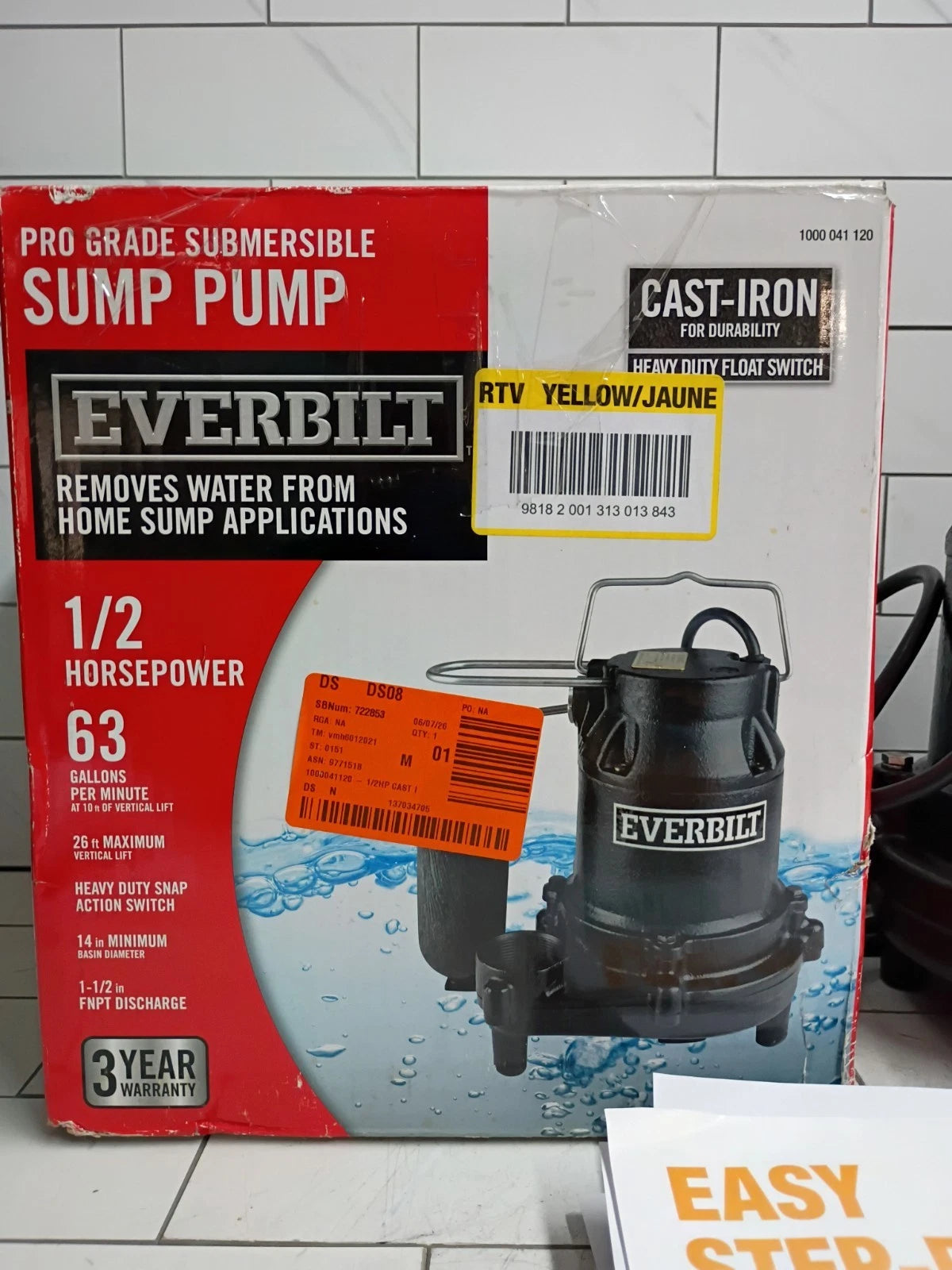 Everbilt HDS50 1/2 HP Cast Iron Sump Pump Model OPEN BOX.