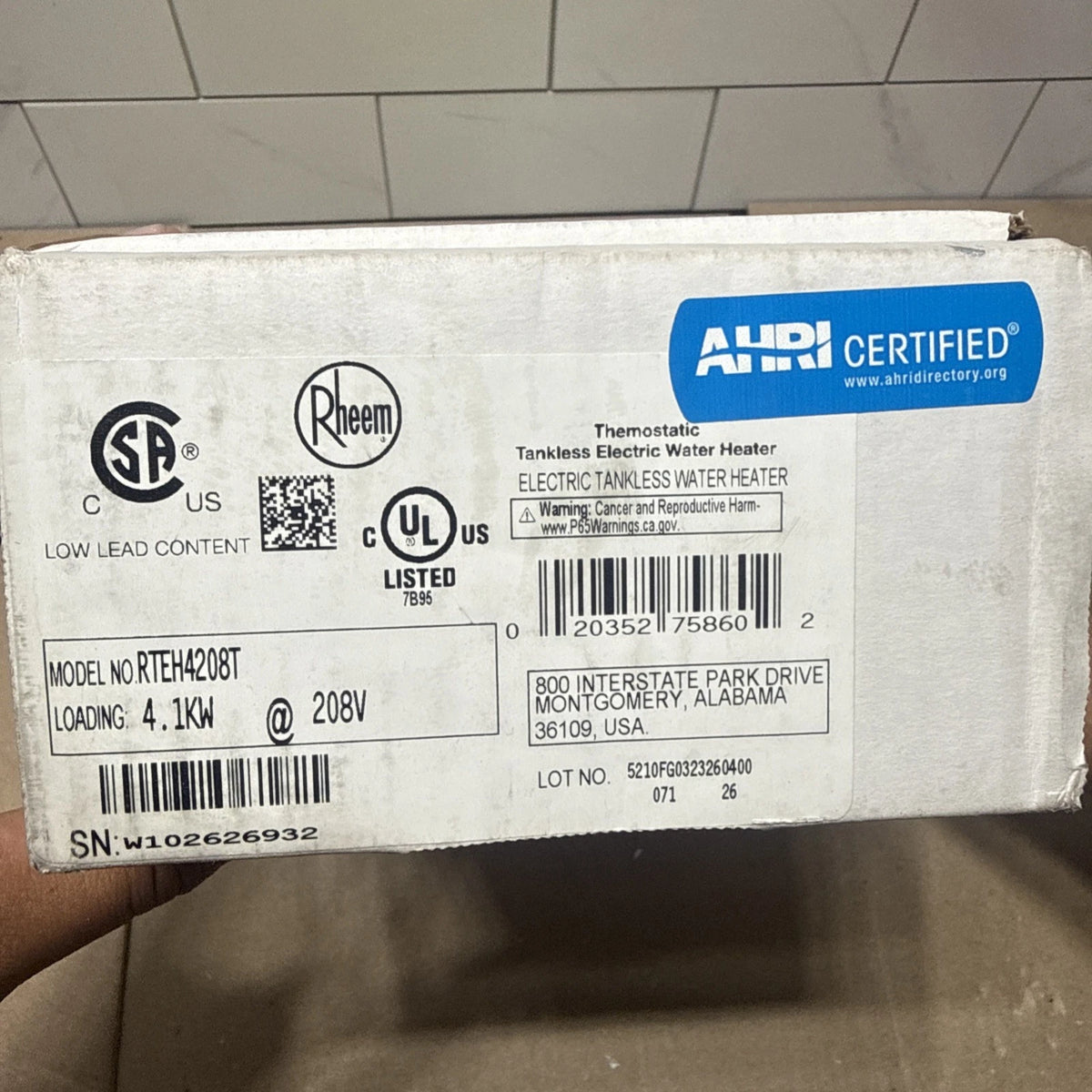 Rheem RTEH2408T 4.1 kW 208v Thermostatic Tankless Electric Water Heater OPEN BOX