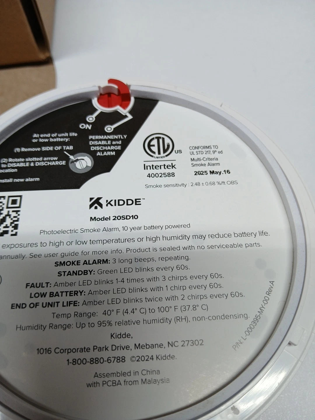 Kidde Smoke Detector 10 Year Battery Powered LED Warning Light Indicators 20SD10