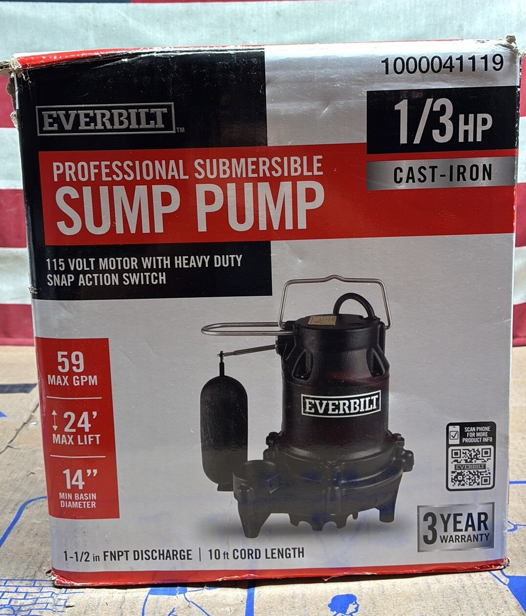 Everbilt S02160925 1/3 HP Cast Iron Submersible Sump Pump Used