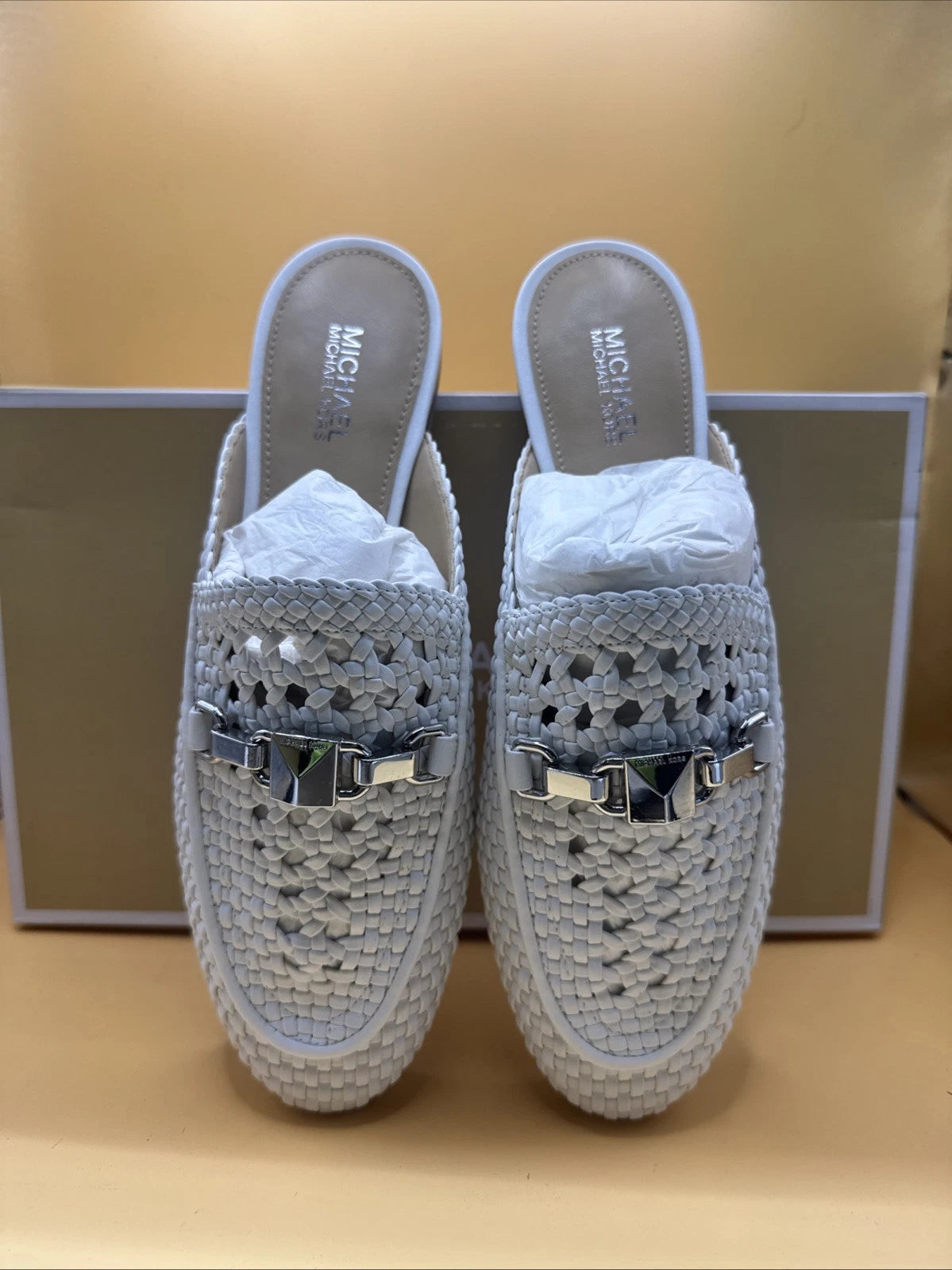 Michael Kors Napa Charlton Slide Mules Woven White Buckle Loafers Women US 5M