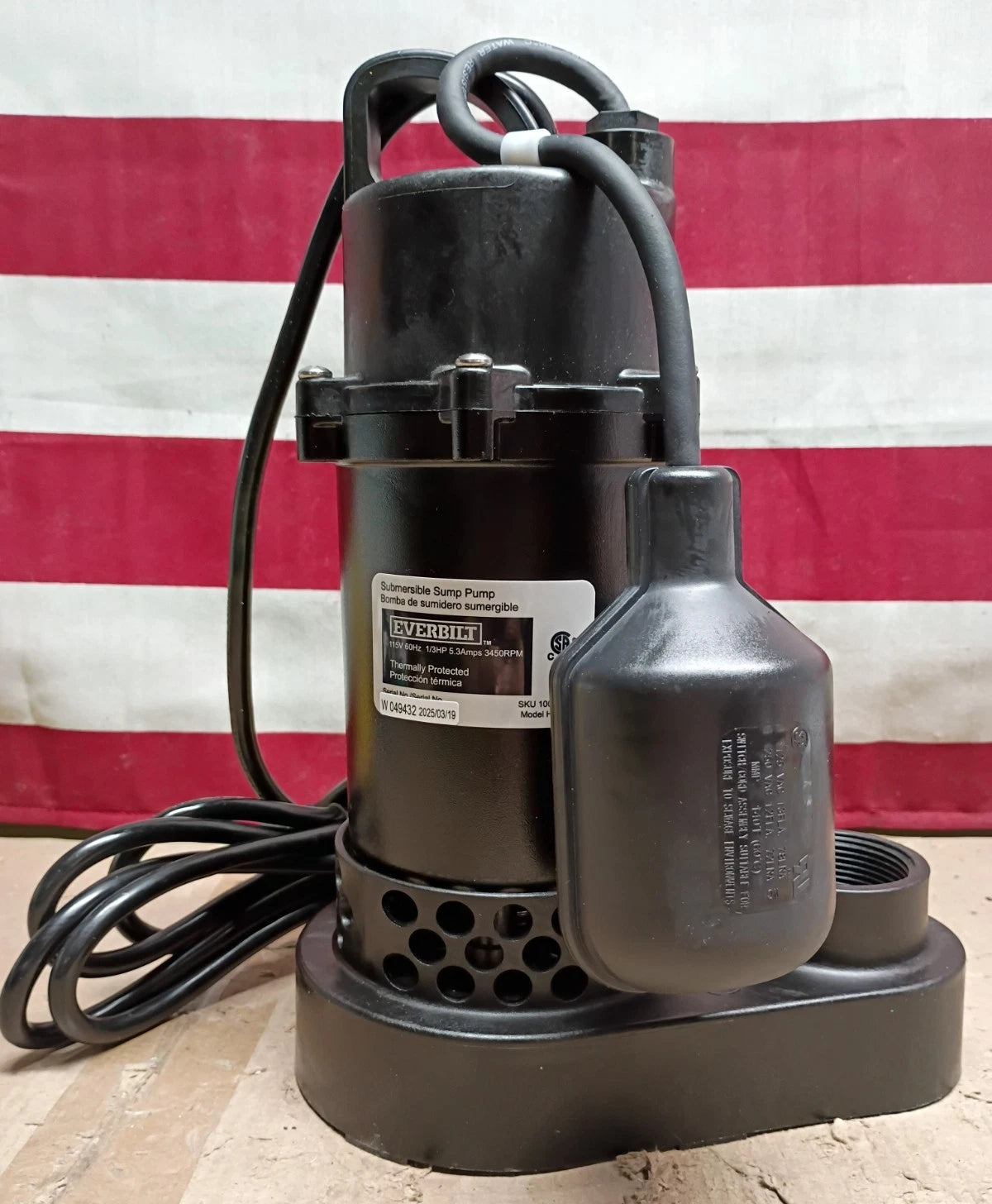 Everbilt 1/3 HP Corrosion Resistant Aluminum Sump Pump w/ Tether Switch OB.