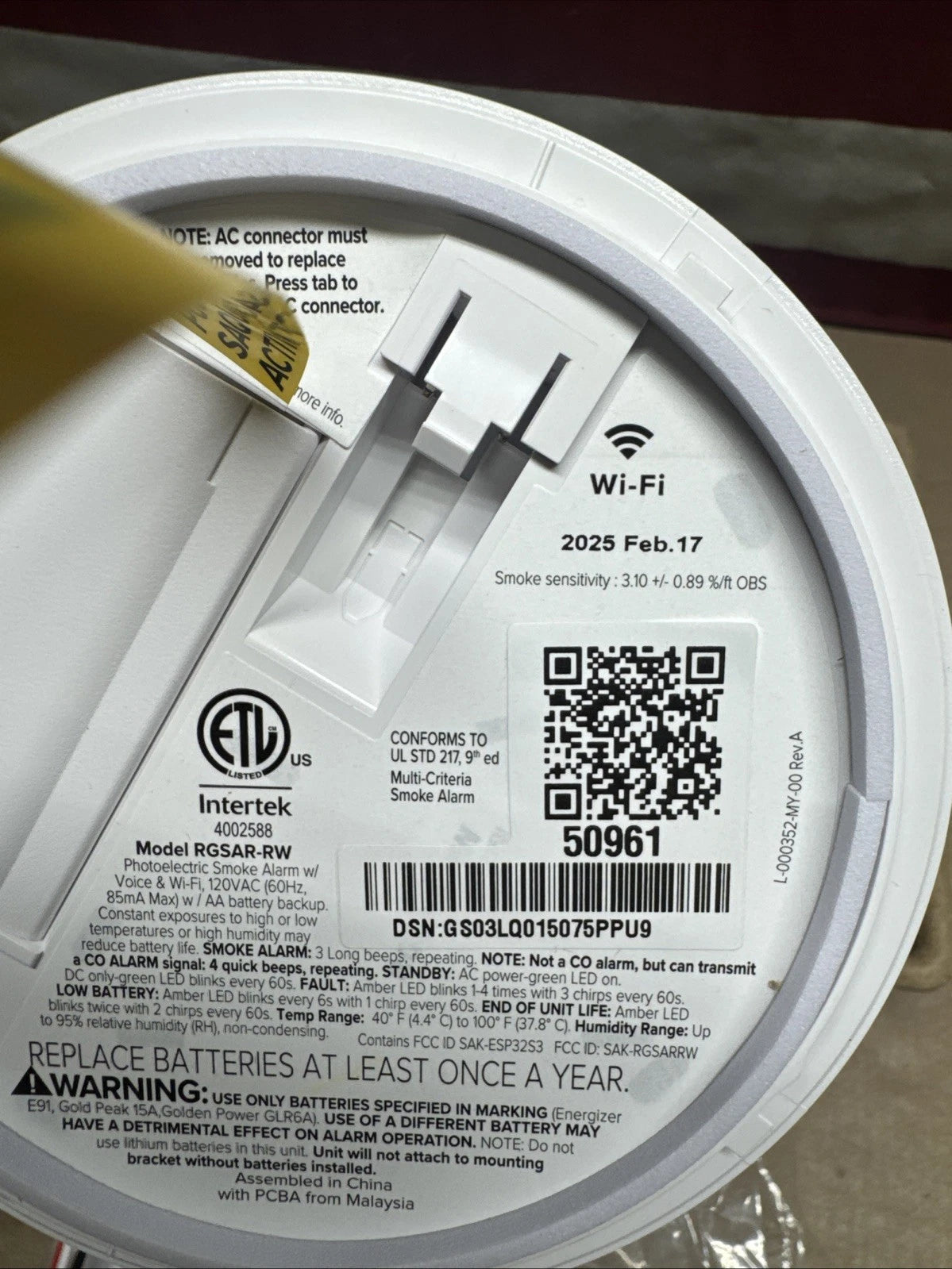 Kidde Wired Smart Smoke Alarm with Ring Alerts Model RGSAR-RW
