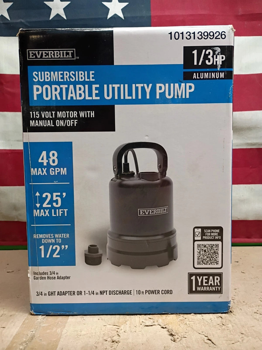 Everbilt 1/3 HP Submersible Aluminum Utility Pump Used Read