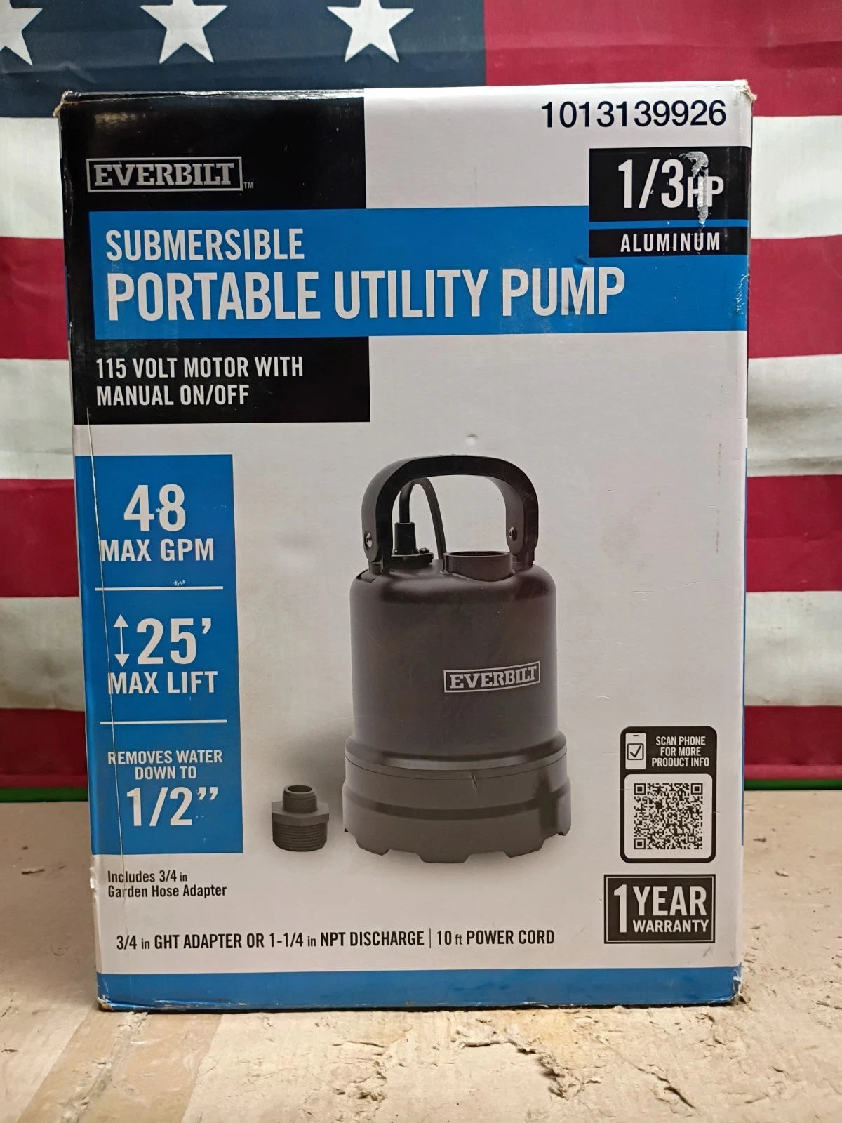 Everbilt 1/3 HP Submersible Aluminum Utility Pump Used Read