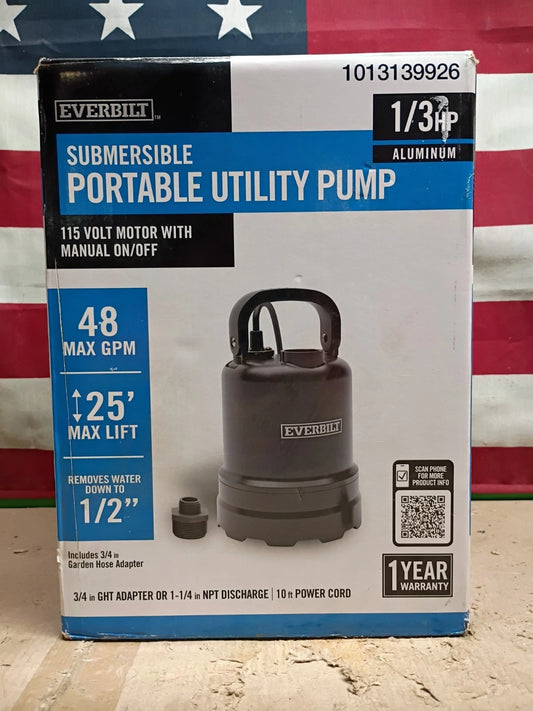 Everbilt 1/3 HP Submersible Aluminum Utility Pump Used Read
