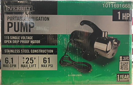 EVERBILT HD60SS 1 HP Stainless Steel Portable Lawn Irrigation Pump Open Box