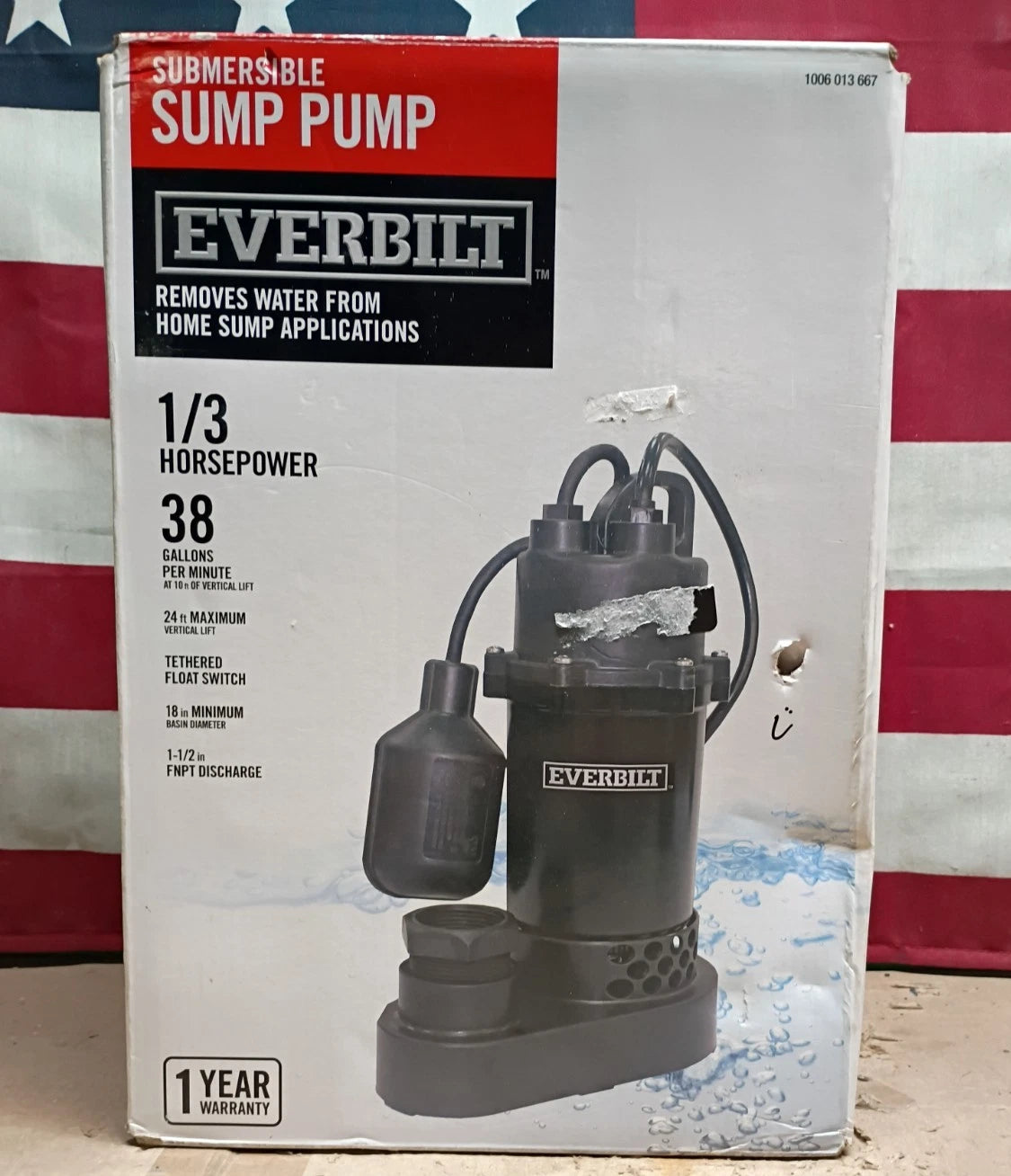 Everbilt 1/3 HP Corrosion Resistant Aluminum Sump Pump w/ Tether Switch OB.
