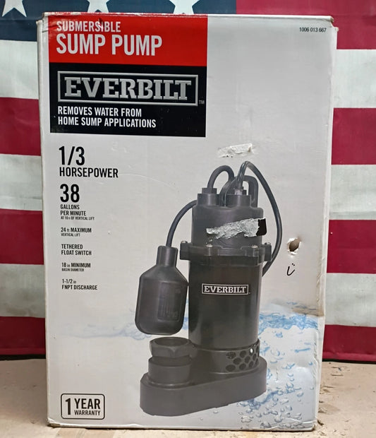 Everbilt 1/3 HP Corrosion Resistant Aluminum Sump Pump w/ Tether Switch OB.